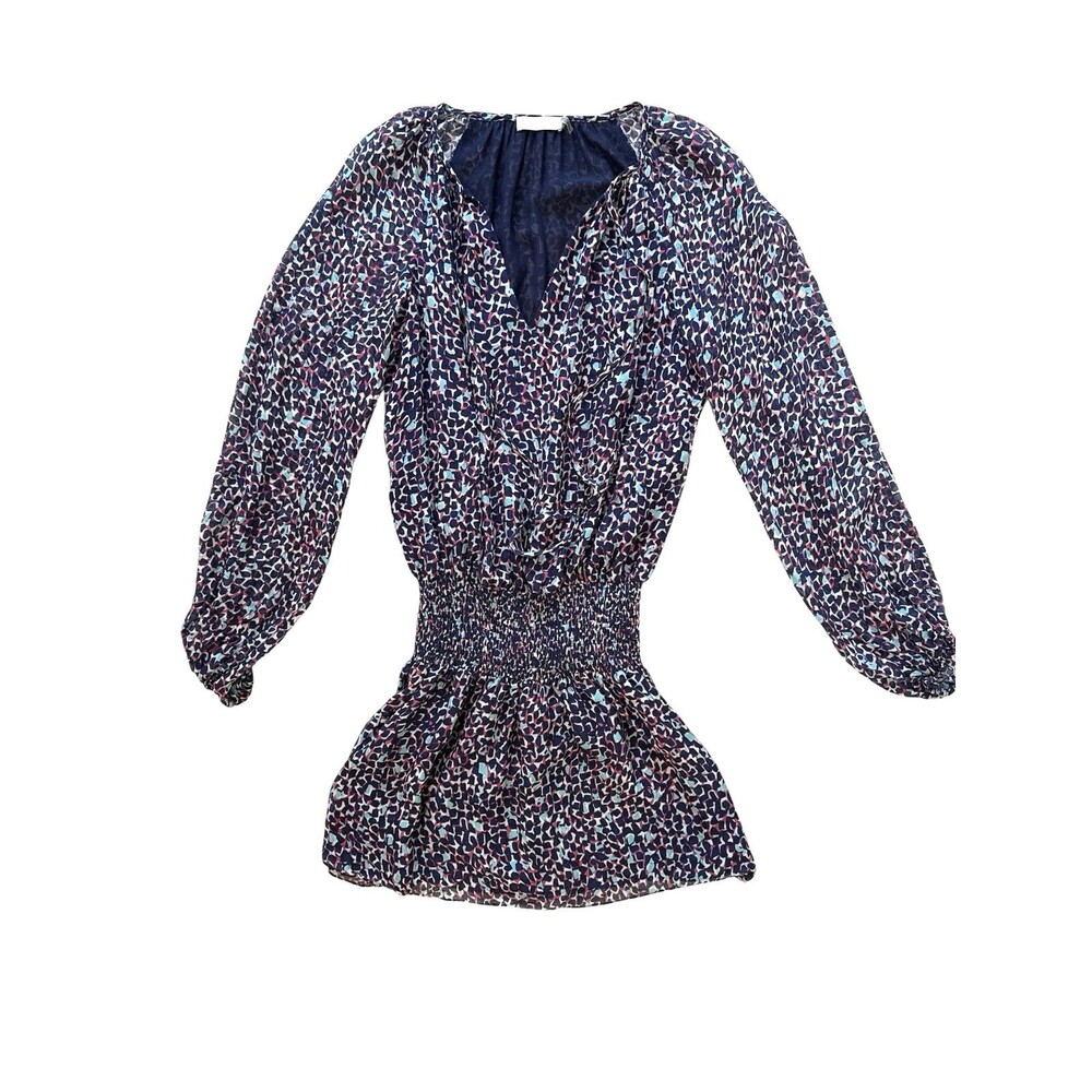 Ramy Brook Josie Smocked Mini Dress 100% Silk Blue Abstract Print XS  $445 EUC